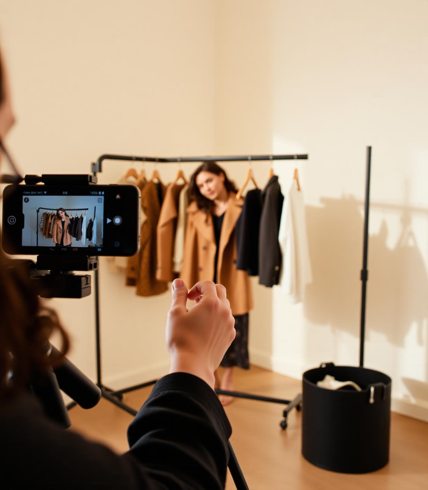 Stylistka nagrywająca prezentację kolekcji w showroomie — backstage produkcji contentu